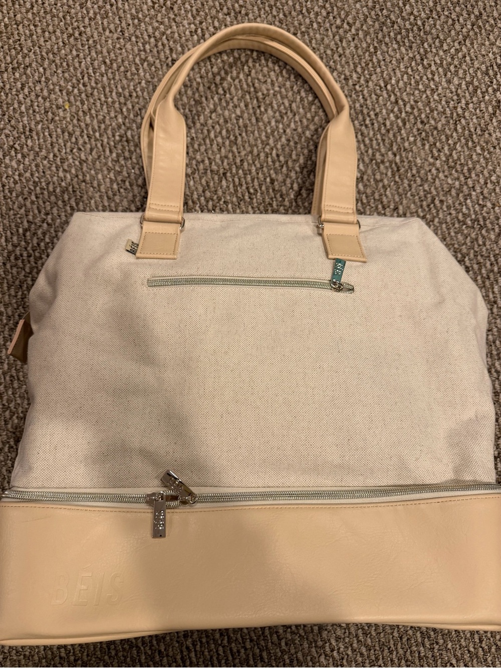 Beis Canvas and Faux Leather Travel Tote Bag Mini Size in Beige with Gold Trim!